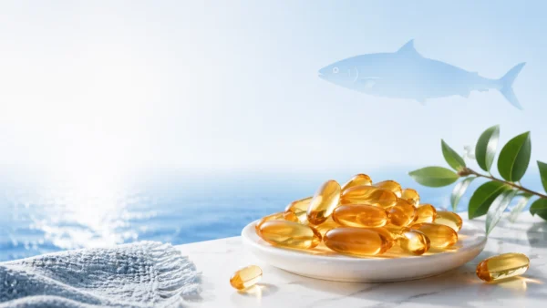 Gouden omega 3 visoliecapsules op een witte schaal met zachte zee-achtergrond en groene bladeren.