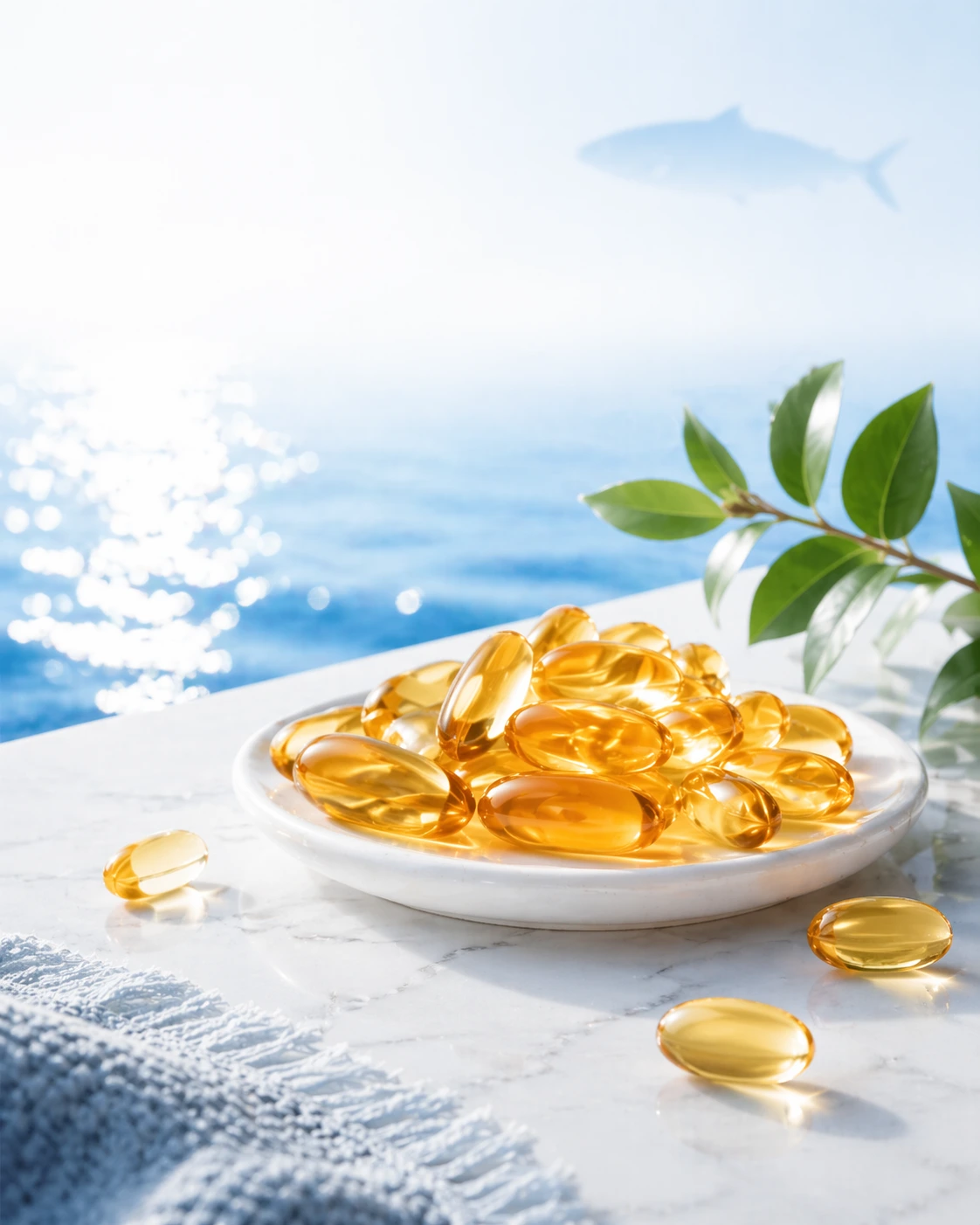 Gouden omega 3 visoliecapsules op een witte schaal met zee op de achtergrond en groene bladeren.