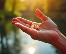 Een foto van een open hand met daarop een paar vitamine pillen voor de weightworld review