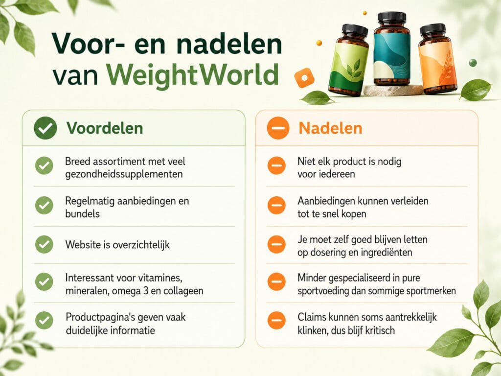 Infographic met de voor- en nadelen van WeightWorld supplementen voor een eerlijke review