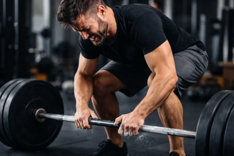 Man met geen kracht in handen tijdens deadlift door zwakke gripkracht in de sportschool
