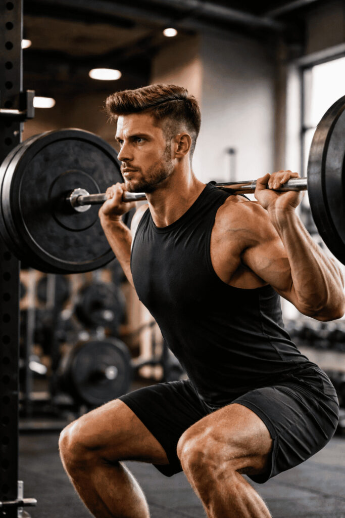 Beginner voert squat uit met halter in de sportschool als krachttraining oefening