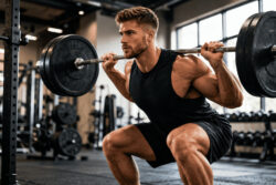 Man voert squat uit in de sportschool als onderdeel van krachttraining oefeningen voor beginners