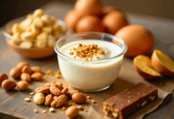 close-up spread van eiwitrijke producten: yoghurt, noten, eieren, eiwitrepen, duidelijke etiketten, scherpe details