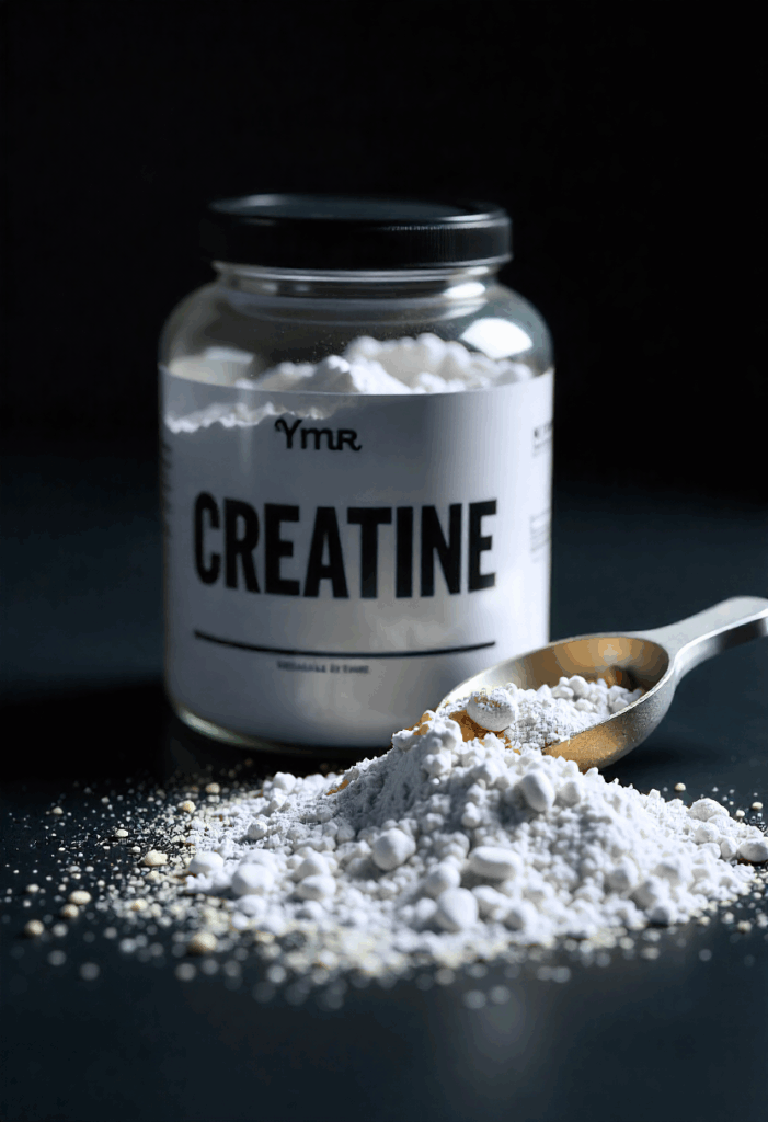 Pot creatinepoeder. met maatschep, kristallijne korrels, nette stapel op donker tafelblad