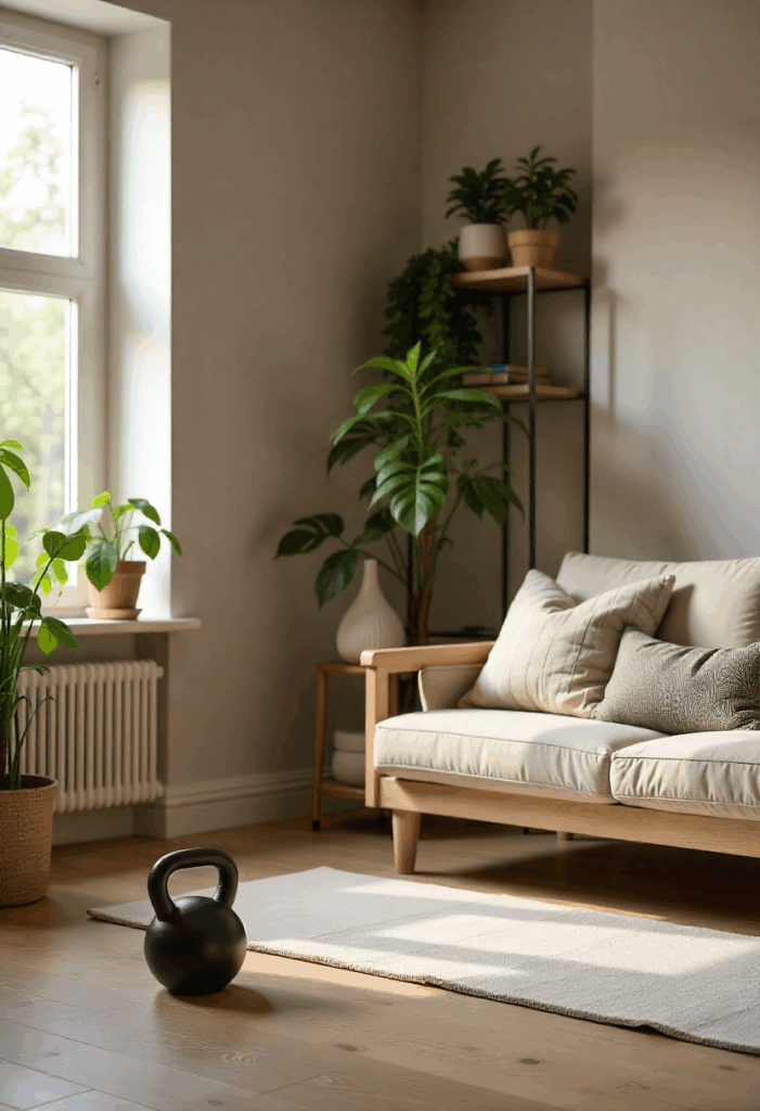 Een woonkamer met sport accessoires om thuis te sporten