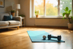 Een woonkamer met een yoga mat en sportspullen om thuis te sporten