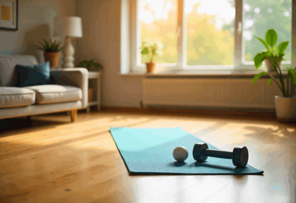 Een woonkamer met een yoga mat en sportspullen om thuis te sporten