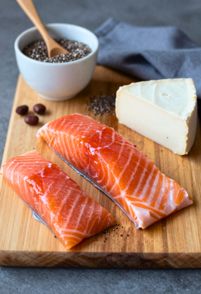 verschillende eiwitrijke producten dichtbij, plakjes zalm, kalkoen, linzen, kwark, en chiazaad