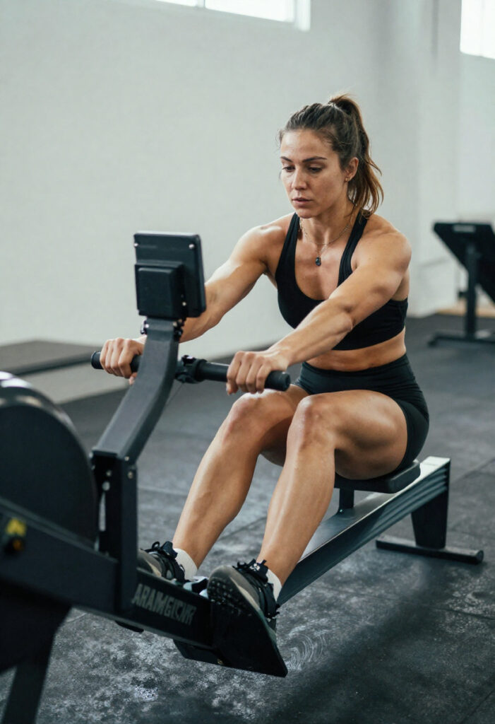 Atletische vrouw die traint op een roeimachine tijdens een intensieve sporttraining, gespierde armen, dynamische houding