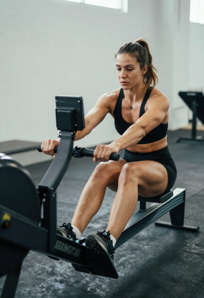 Atletische vrouw die traint op een roeimachine tijdens een intensieve sporttraining, gespierde armen, dynamische houding