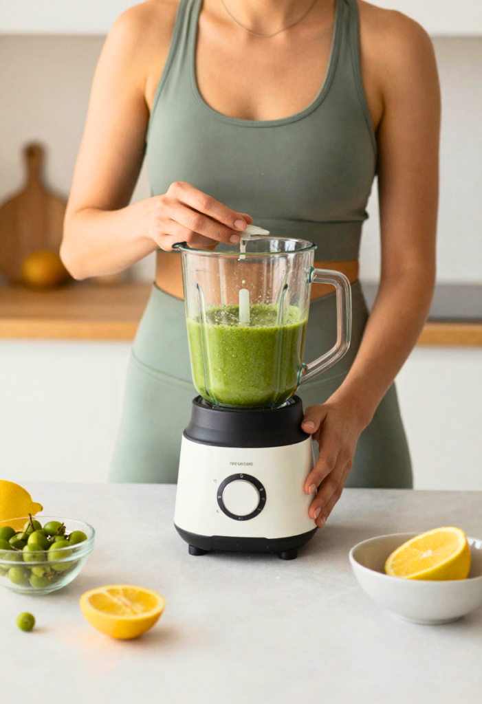 Dieetconcept met sportieve vrouw in de keuken, blender smoothies en geportioneerde maaltijden op tafel