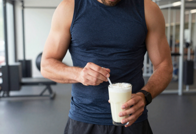 Man met maatschepje en potje voor het bereiden van een whey perfection shake in de sportschool, gespierde armen, sportkleding