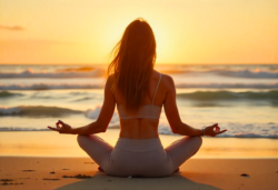 Vrouw zit in een meditatie houding op het strand bij zonsopgang, zachte golven, fijn zand, wapperend haar