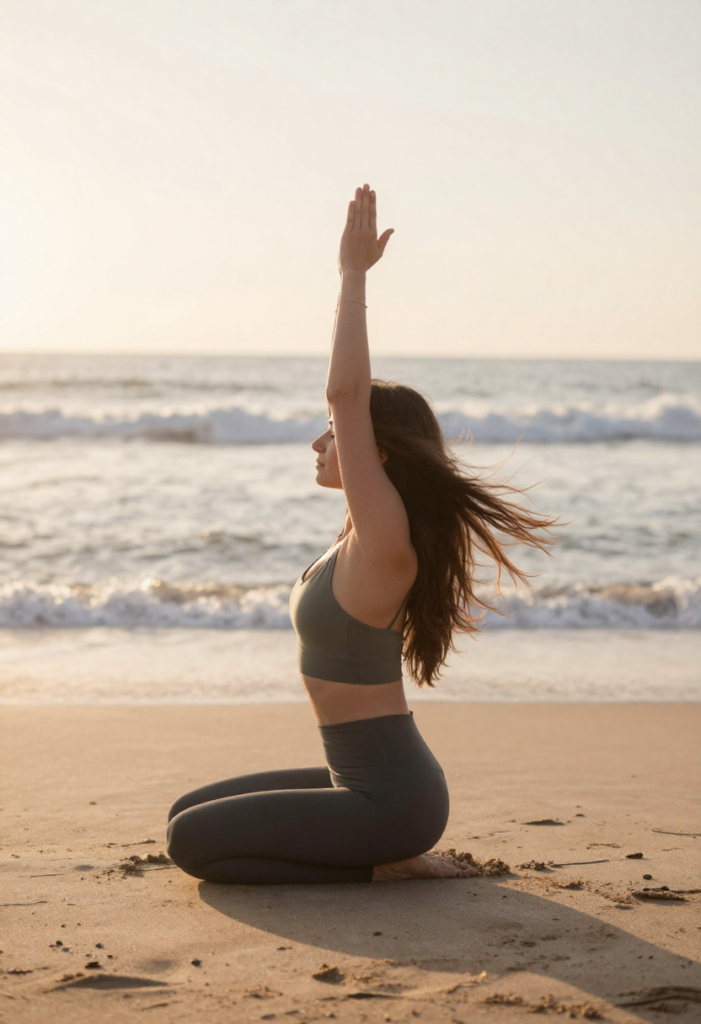 Vrouw zit in een meditatie houding op het strand bij zonsopgang, zachte golven, fijn zand, wapperend haar