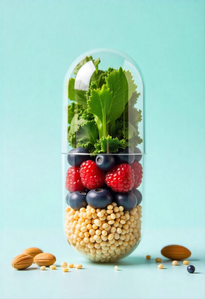 Afbeelding van gezond voedsel verpakt in een pilvormige verpakking.