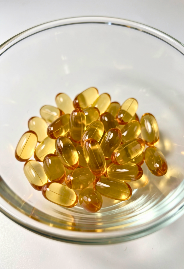 Een cluster van gladde visoliecapsules in een transparante kom, met reflecties aan de rand en een subtiele spiegelende glans.