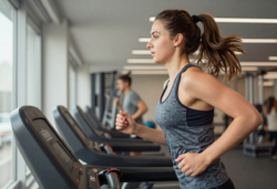 Jonge sportvrouw met paardenstaart rent op een loopband, zijaanzicht, doorweekt tanktopje, geconcentreerde blik, ochtendgym.