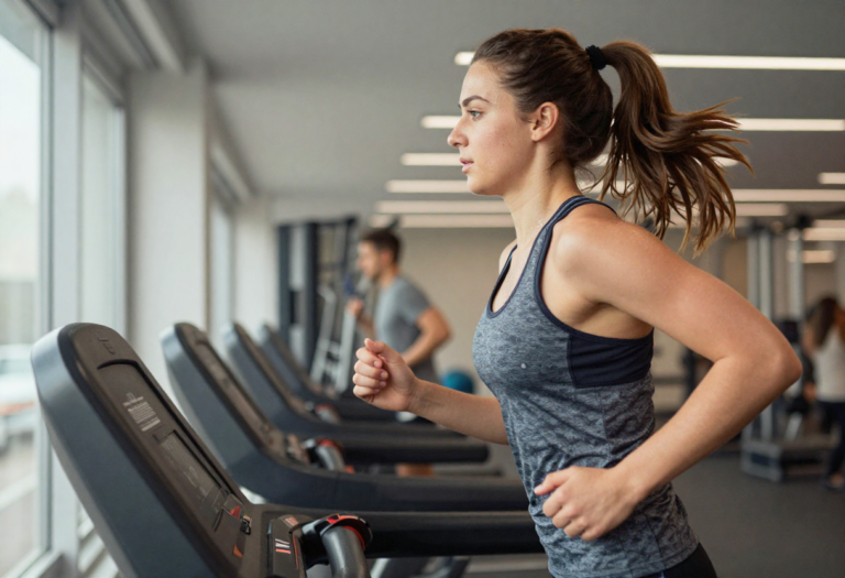 Jonge sportvrouw met paardenstaart rent op een loopband, zijaanzicht, doorweekt tanktopje, geconcentreerde blik, ochtendgym.