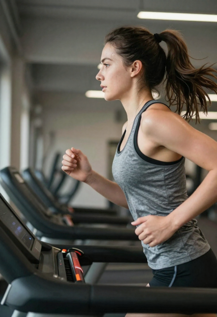 Jonge sportvrouw met paardenstaart rent op een loopband, zijaanzicht, doorweekt tanktopje, geconcentreerde blik, ochtendgym.