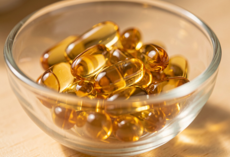 Close-up van glanzende visoliecapsules in een doorzichtige glazen kom, warme, zachte lichteffecten, geringe scherptediepte.