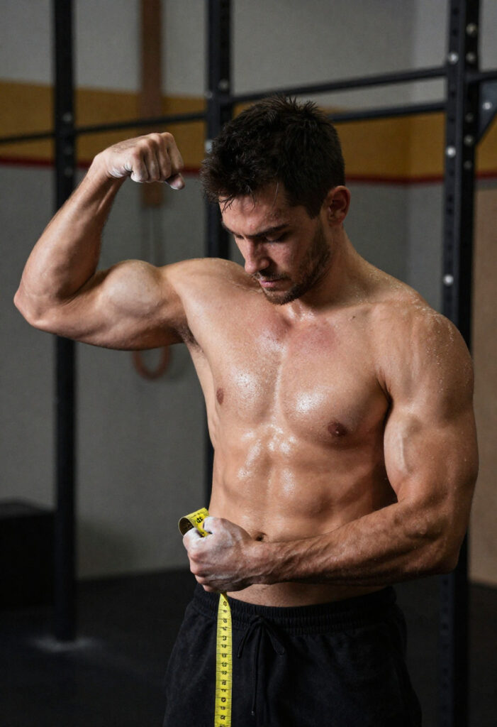 Man zonder shirt meet zijn biceps in een CrossFit-sportschool, gespierd lichaam, fitnessapparatuur wazige achtergrond.