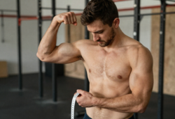 Man zonder shirt meet zijn biceps in een CrossFit-sportschool, gespierd lichaam, fitnessapparatuur wazige achtergrond.