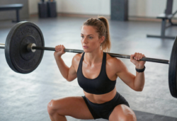 deadlift training met halter, gespierde atleet, sportschoolvloer close-up, zweetdruppels, intense focus