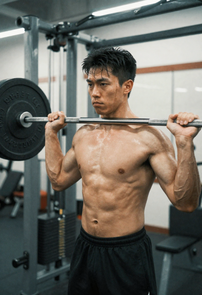 Gespierde man in sportkleding die zijn borstspieren traint met een zware halter, zweet, aderen, training fitnessapparatuur op de achtergrond.