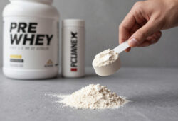 pre workout, whey proteïne poeder en creatine op een tafel, hand die scoop neemt, scherpe textuur van poeder voor de review van xxl nutrition