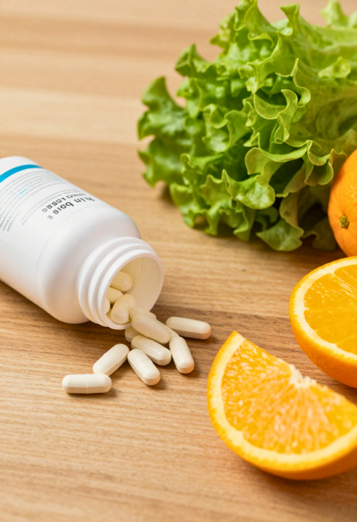 Vitaminepillen in een flesje en verse groenten en fruit liggen uitgestald op een houten tafel, met daaronder een gesneden sinaasappel en bladgroenten.