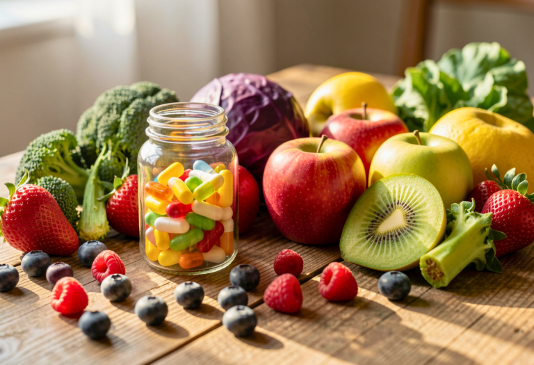 supplementen in een flesje en verse groenten en fruit uitgestald op een houten tafel, ochtendlicht, verspreide bessen.