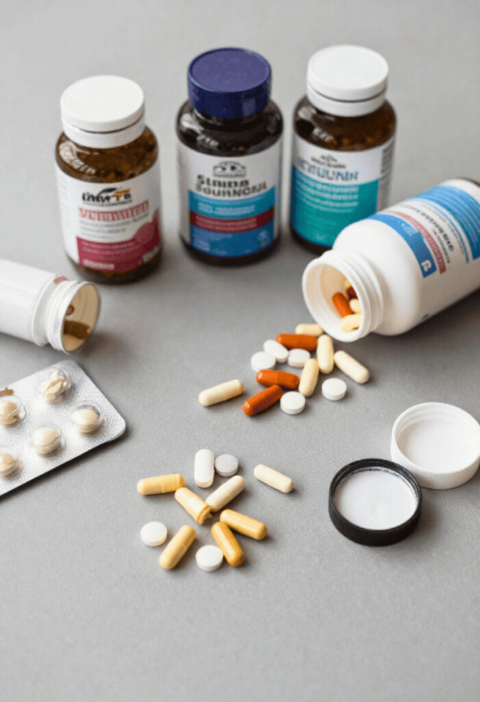 verschillende afslank supplementen en dieetpillen op tafel