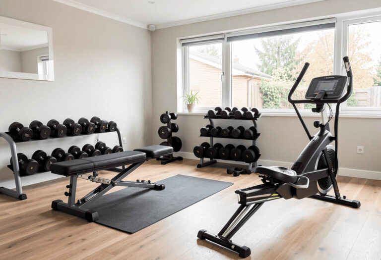 Home gym setup – een overzicht van een complete thuis fitnessruimte met halterbank, dumbbells, roeitrainer.