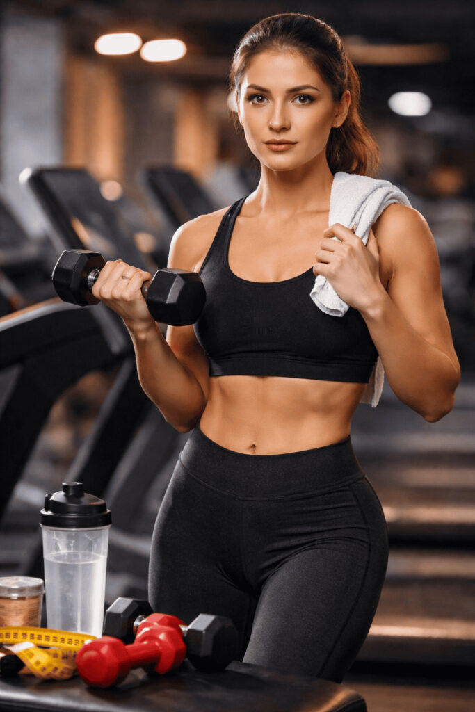 Vrouw doet krachttraining met dumbbell in de sportschool als onderdeel van cardio en afvallen voor beginners