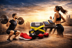 Man doet krachttraining en vrouw doet cardio op loopband in de sportschool voor afvallen en betere conditie