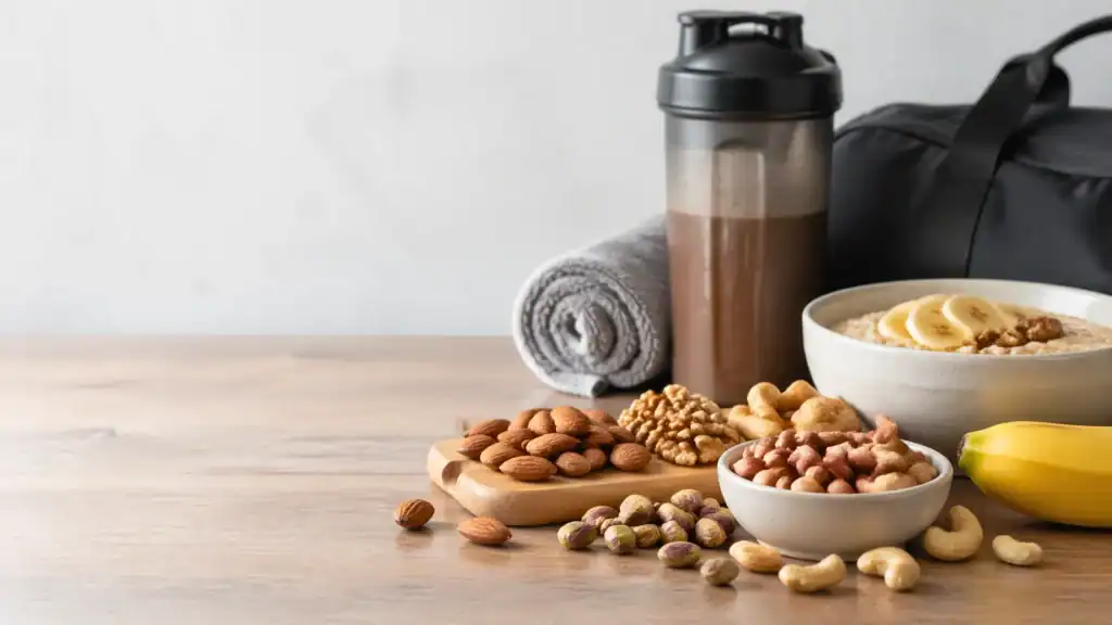 Verschillende noten voor spieropbouw naast havermout, banaan, shaker en sporttas op een houten tafel.