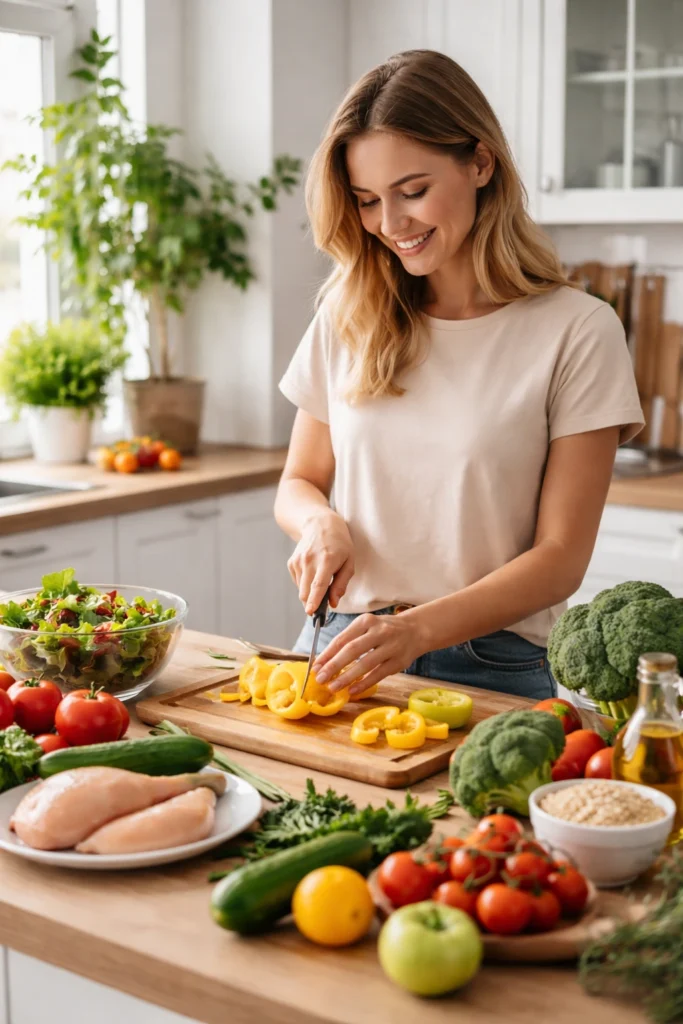 persoon bereidt gezonde voeding in keuken met verse groenten
