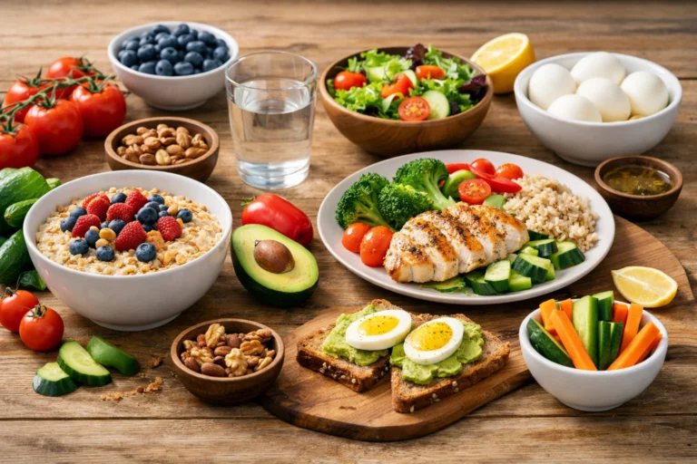 overzicht van gezonde voeding met ontbijt lunch en diner maaltijden