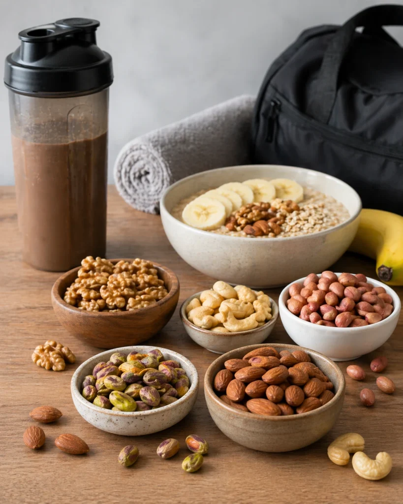 Verschillende noten voor spieropbouw met havermout, banaan, eiwitshake en sportspullen op een houten tafel.