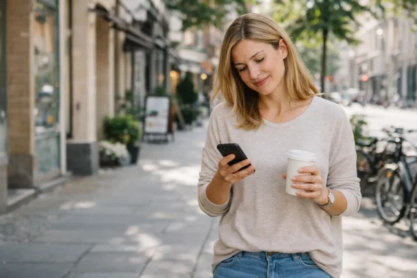 Vrouw wandelt door stad met koffie als voorbeeld van afvallen zonder sporten en dagelijkse beweging