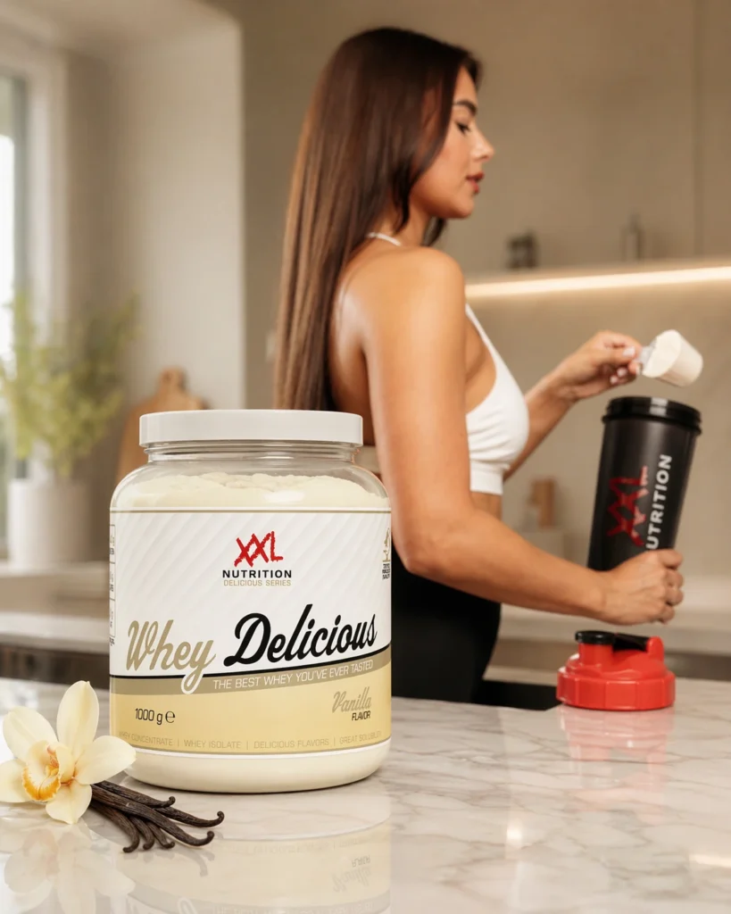XXL Nutrition Whey Delicious Vanilla op een aanrecht terwijl een sportieve vrouw een shake maakt in de keuken