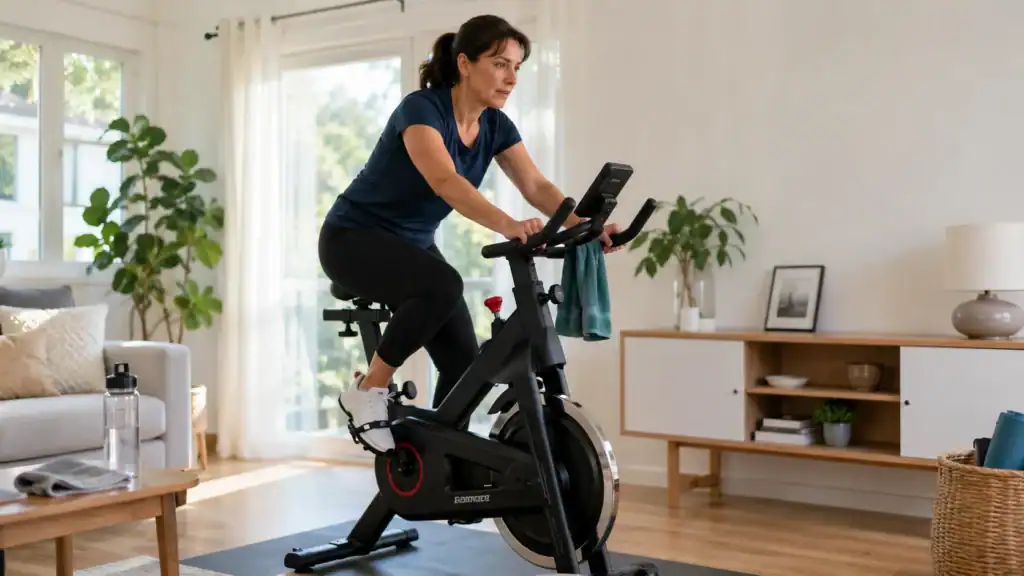 Persoon fietst thuis op een hometrainer om af te vallen en conditie op te bouwen.