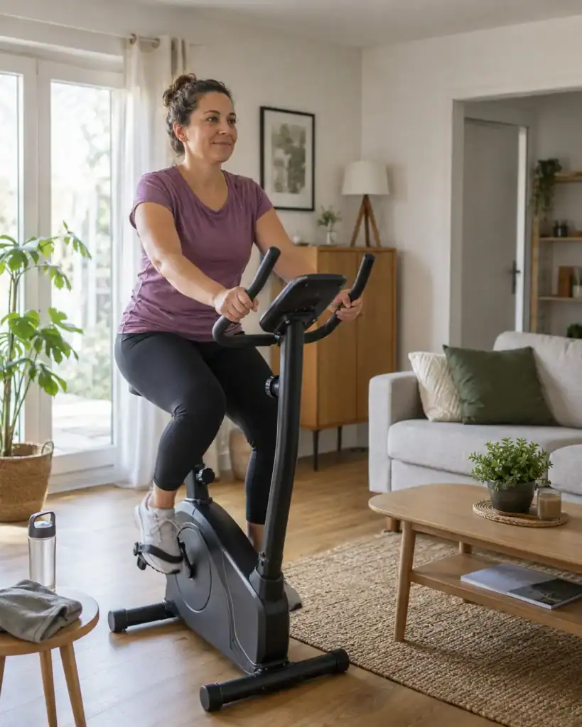 Persoon begint thuis rustig met fietsen op een hometrainer in een lichte woonkamer.