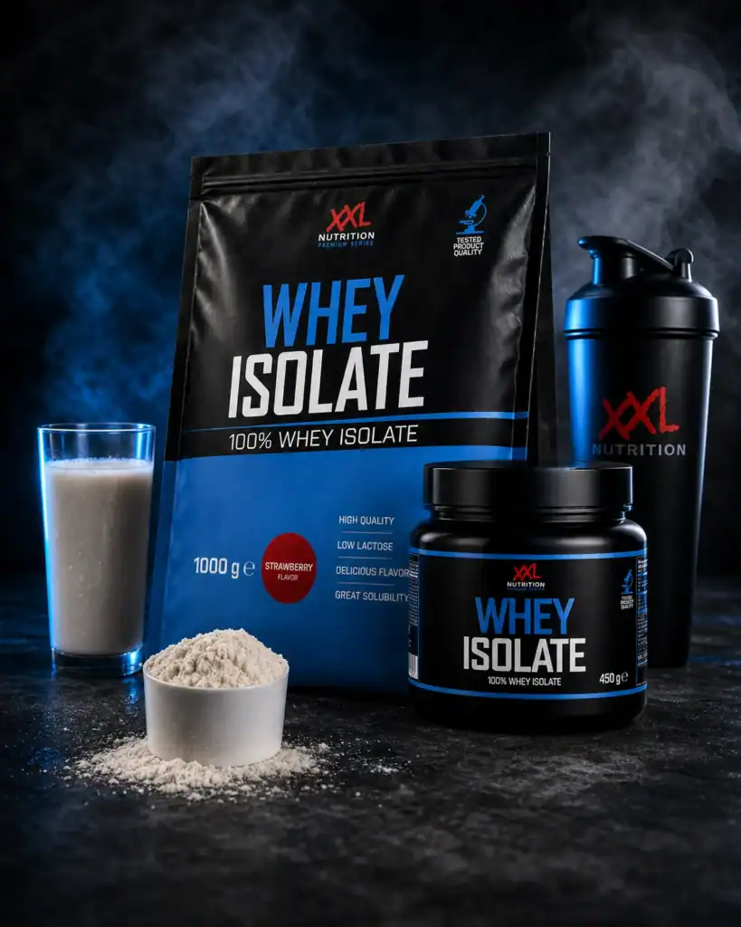 Whey Isolate XXL verpakking met shakeglas, shaker en eiwitpoeder voor een review over eiwitshakes voor sporters.