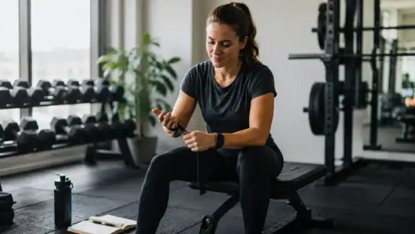 Persoon bereidt zich voor op krachttraining in de sportschool om af te vallen en spiermassa te behouden.