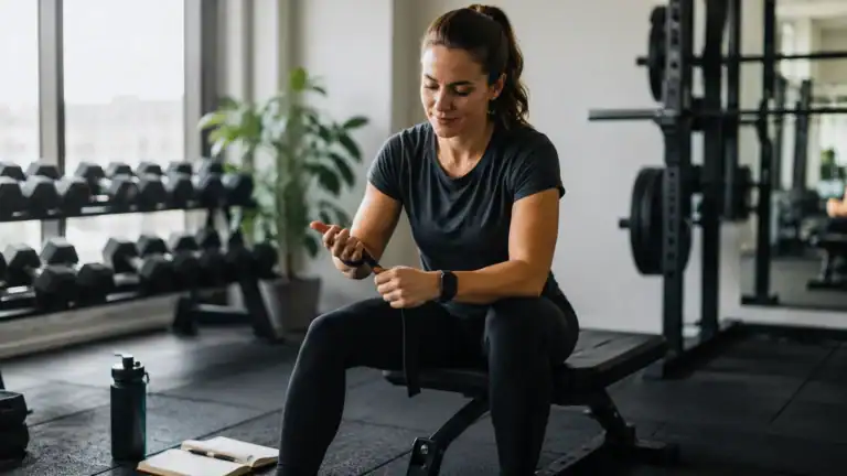 Persoon bereidt zich voor op krachttraining in de sportschool om af te vallen en spiermassa te behouden.