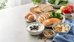 Gezonde eiwitrijke voeding met kwark, eieren, volkoren brood, kip, tofu, peulvruchten, groente en noten.