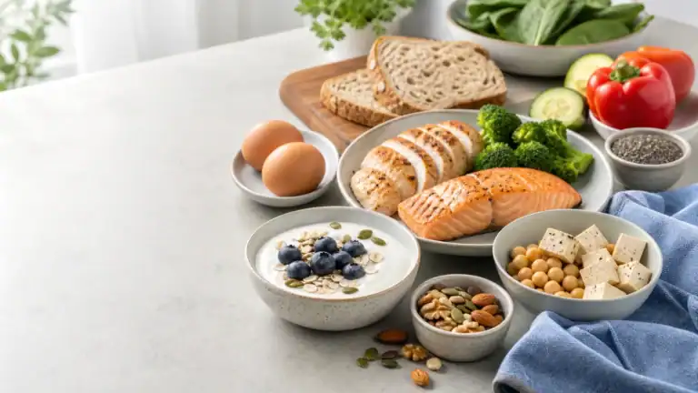Gezonde eiwitrijke voeding met kwark, eieren, volkoren brood, kip, tofu, peulvruchten, groente en noten.