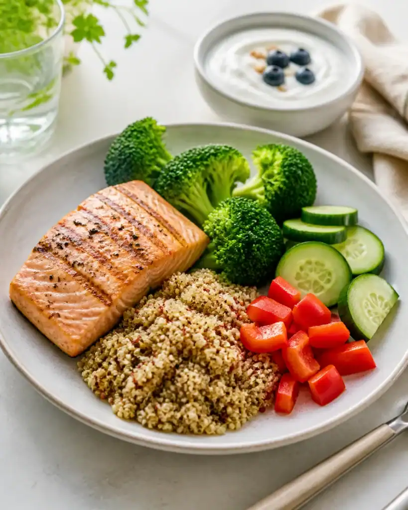 Gezonde eiwitrijke maaltijd met zalm of tofu, broccoli, paprika, komkommer, quinoa of zilvervliesrijst en kwark.